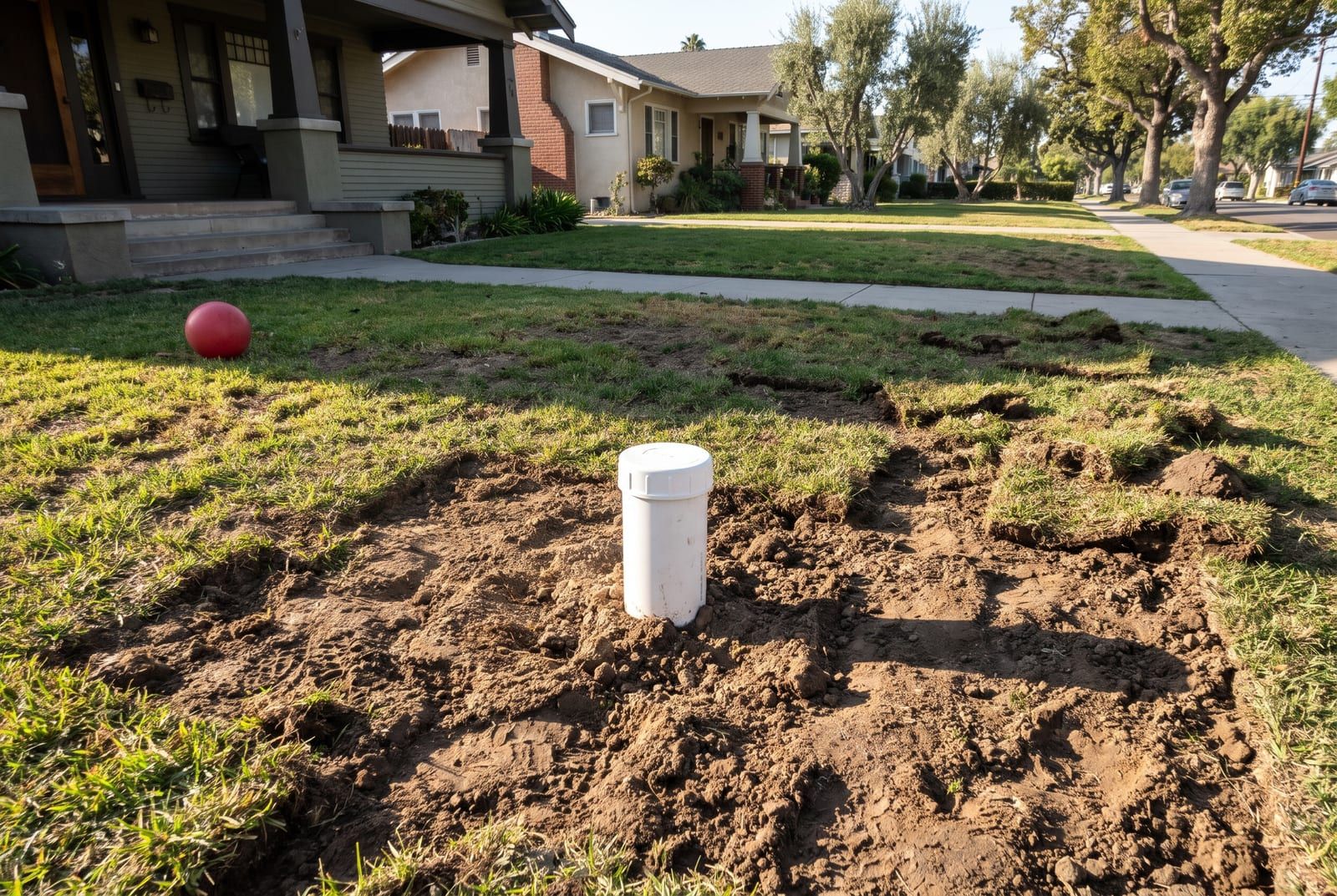 New white sewer cleanout cap in a front lawn, the soil still loose where the trench was filled