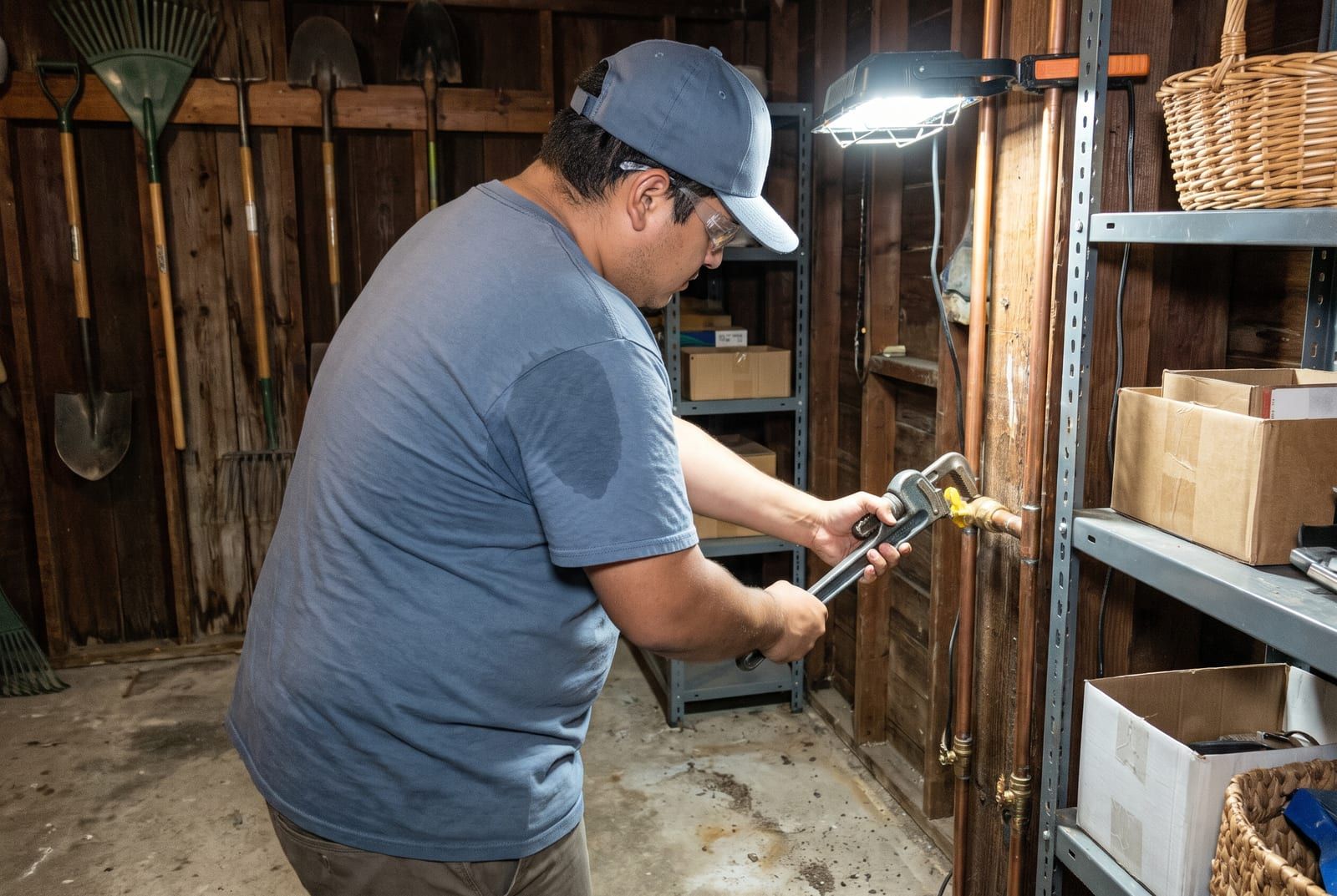 Technician in safety glasses tightening a brass valve on a copper water line with a pipe wrench